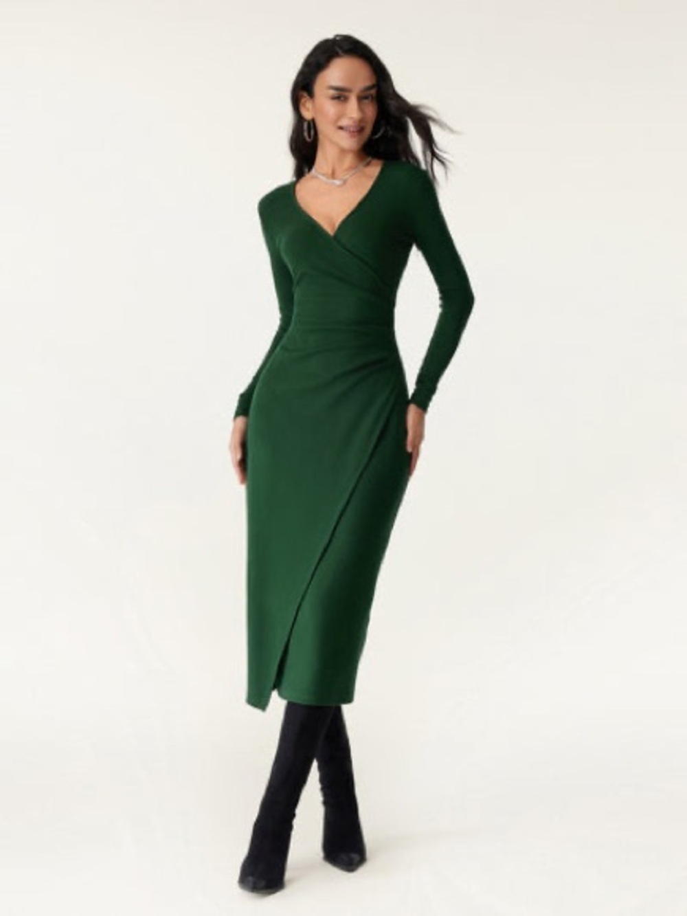 OGL Forest Green Long-Sleeve Wrap Midi Dress